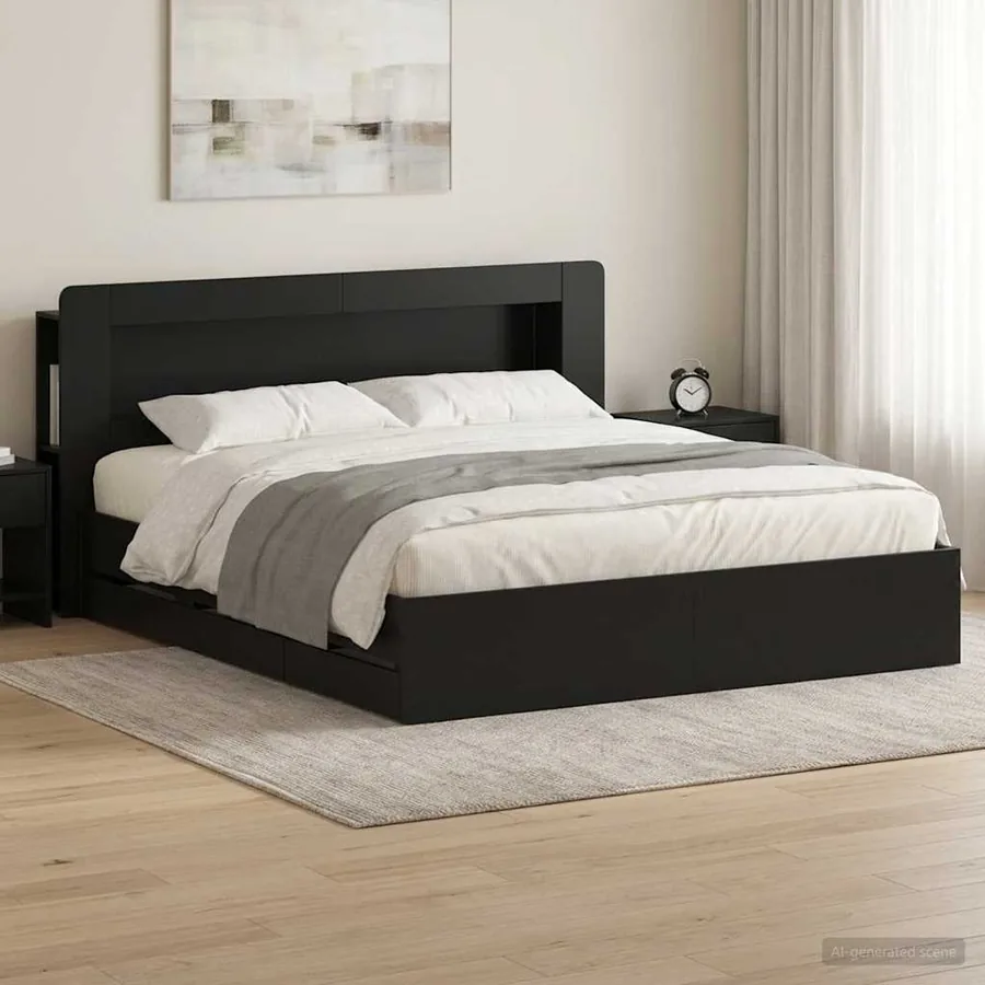 Cadre de lit avec rangement Noir 200 x 200 cm Bois d'ingénierie