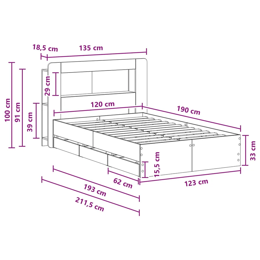 Cadre de lit avec rangement Chêne Sonoma 120 x 190 cm - 8