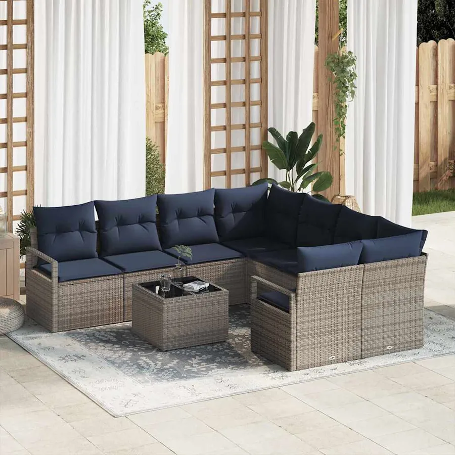 Ensemble de Canapés avec coussin 9 pcs Gris et marine polyrotin