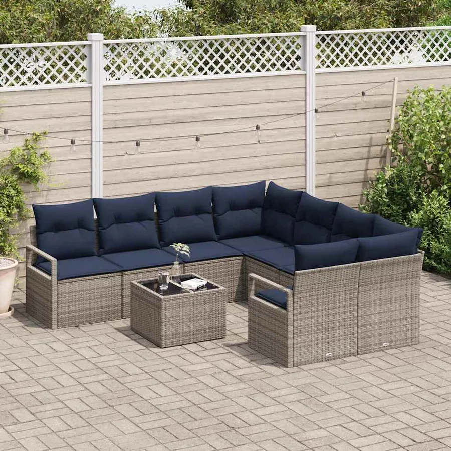 Ensemble de Canapés avec coussin 9 pcs Gris et marine polyrotin - 3