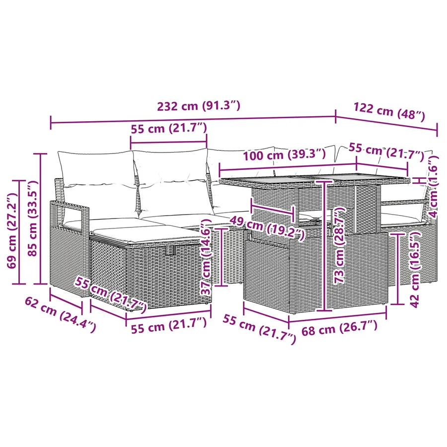Ensemble de canapé de jardin avec coussin 7 pcs Gris polyrotin - 13
