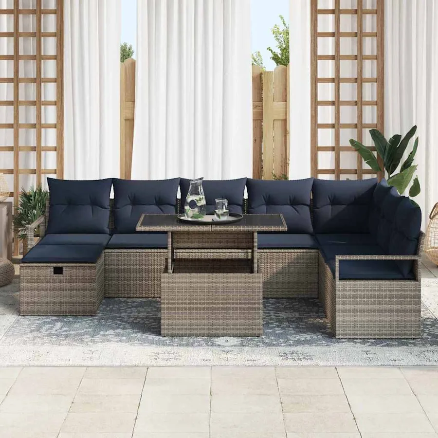 Ensemble de canapé de jardin avec coussin 9 pcs Gris Poly rotin - 3