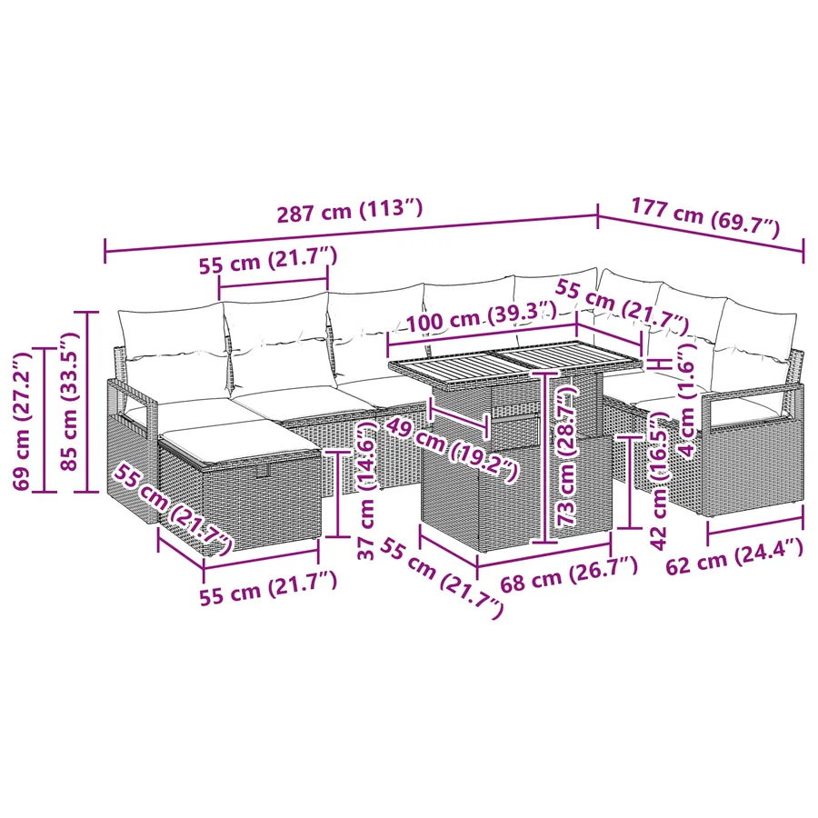 Ensemble de canapé de jardin avec coussin 9 pcs Gris polyrotin - 13