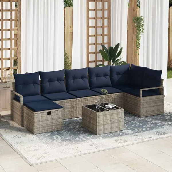 Ensemble de Canapés avec coussin 8 pcs Gris et marine polyrotin