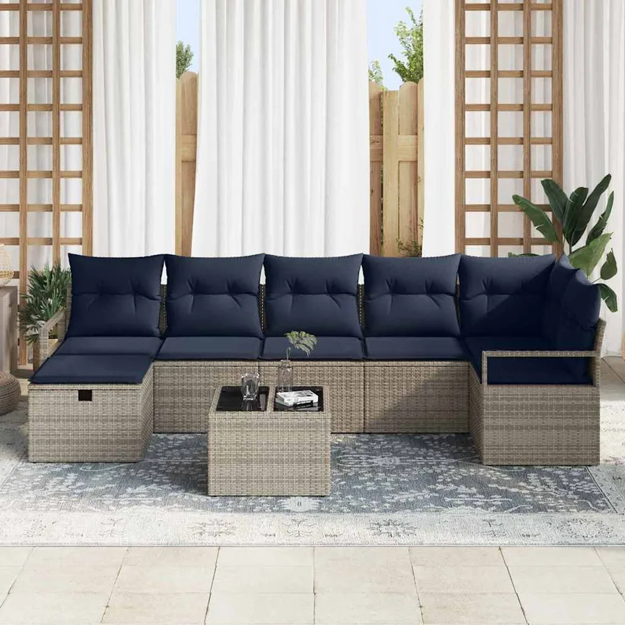 Ensemble de Canapés avec coussin 8 pcs Gris et marine polyrotin - 3