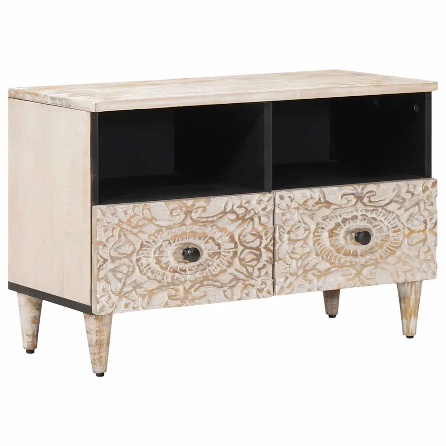 Meuble TV Blanc 70 x 33,5 x 46 cm Bois de mangue massif