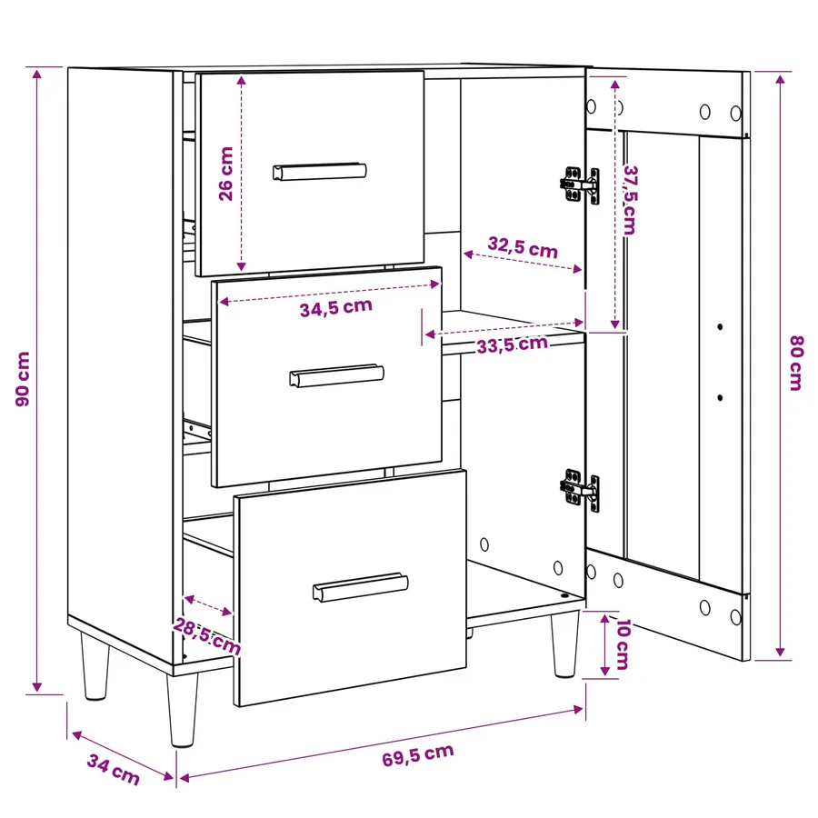 Buffet Chêne noir 69,5 x 34 x 90 cm Bois d'ingénierie - 6