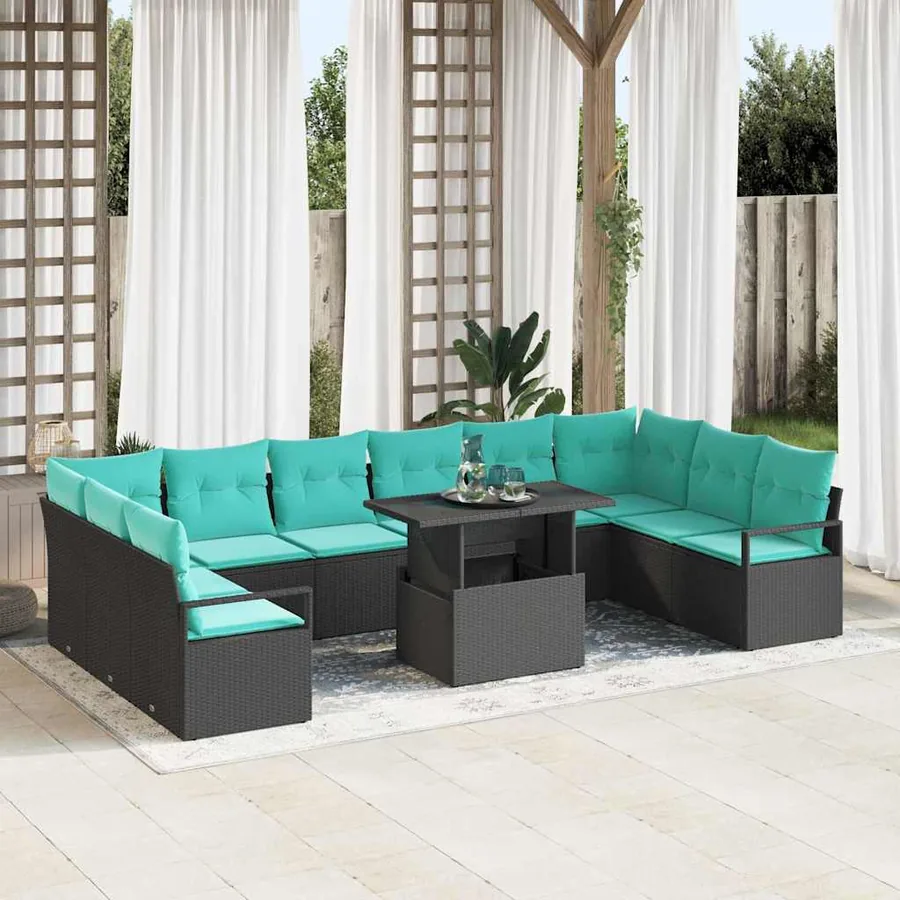 Ensemble de canapé de jardin 11 pcs Noir et bleu polyrotin