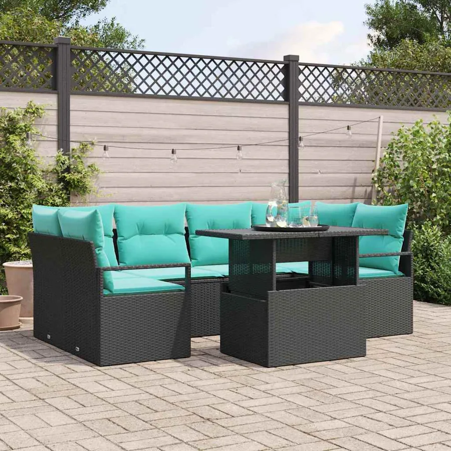 Ensemble de canapé de jardin 7 pcs Noir et bleu polyrotin