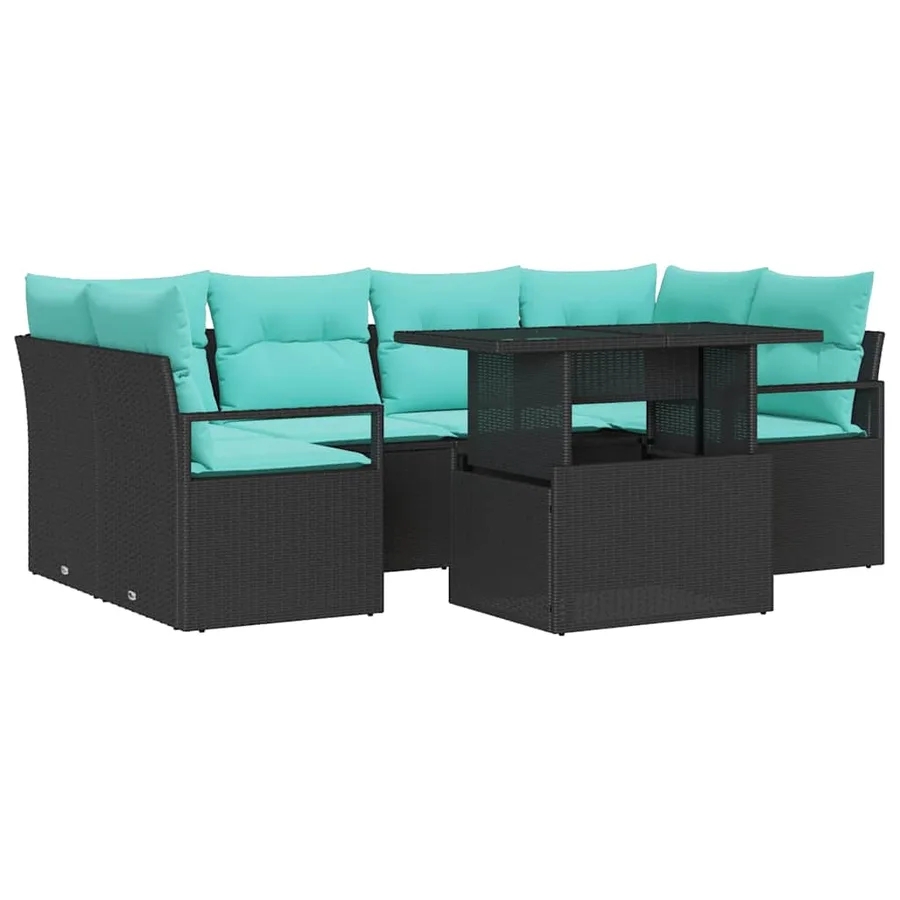 Ensemble de canapé de jardin 7 pcs Noir et bleu polyrotin - 2