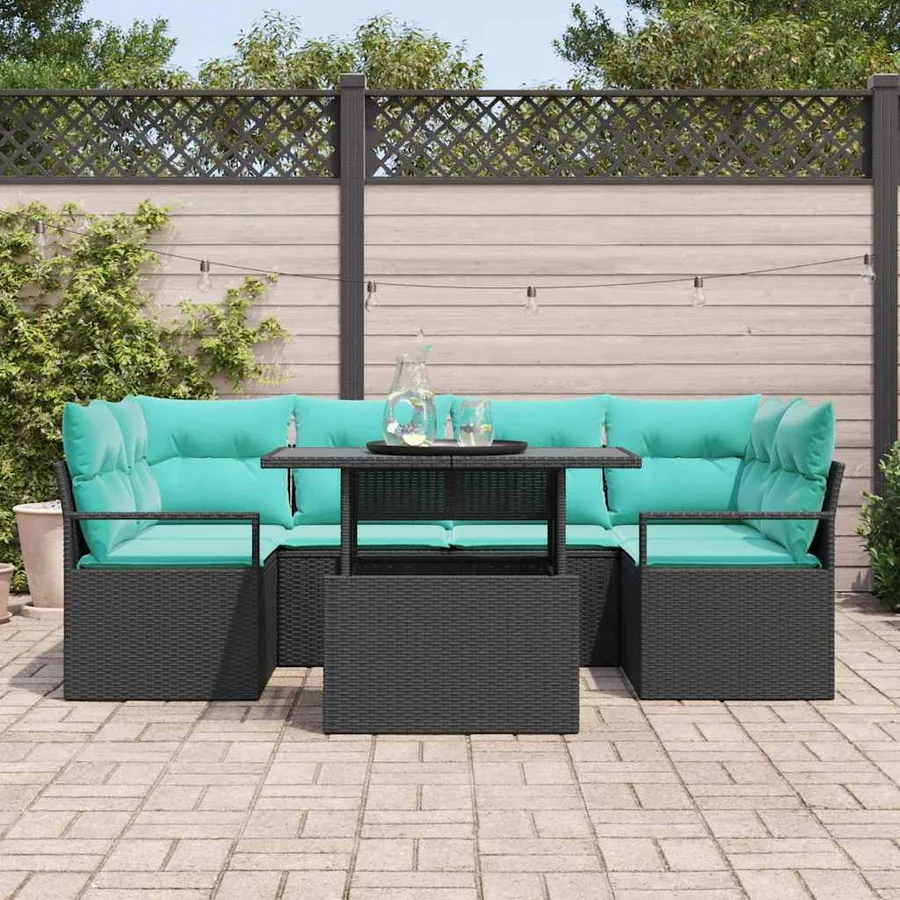 Ensemble de canapé de jardin 7 pcs Noir et bleu polyrotin - 3