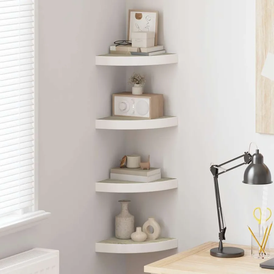 Étagères d'angle murales 4 pcs Chêne et blanc 25x25x3,8 cm MDF