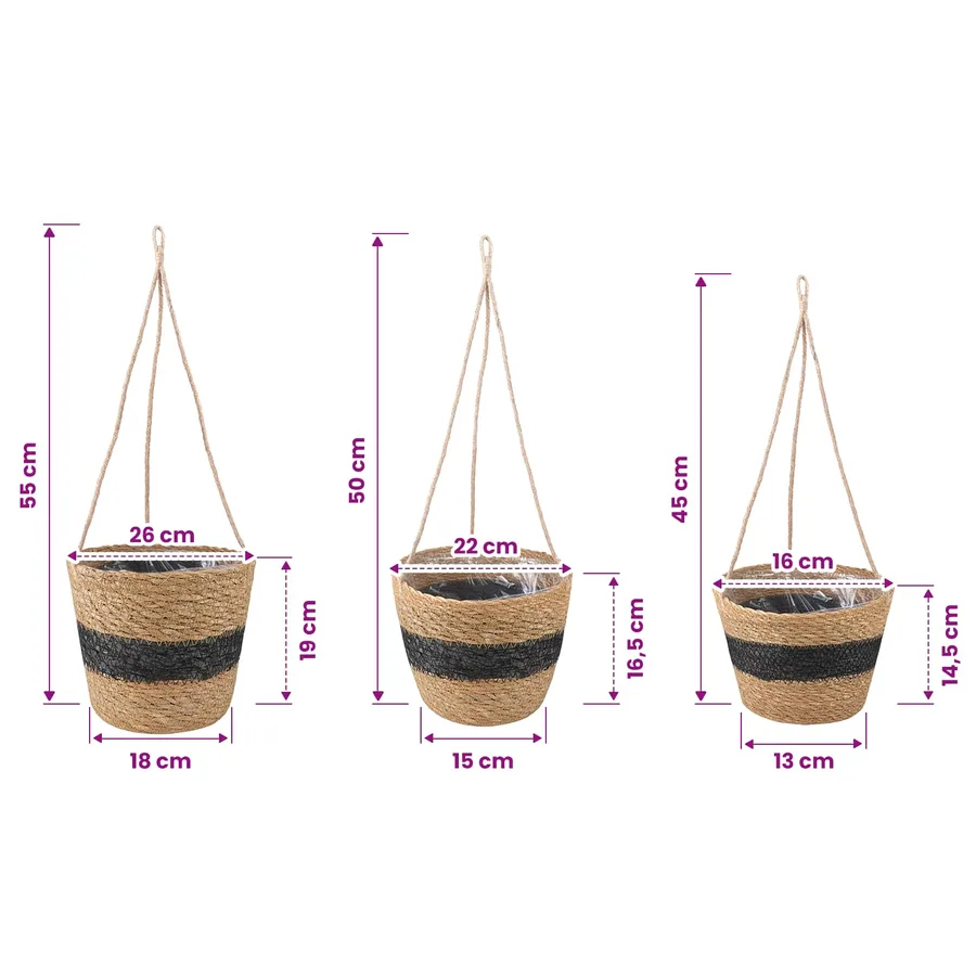 Paniers à plantes en herbe de mer 3 pcs Naturel et noir - 7