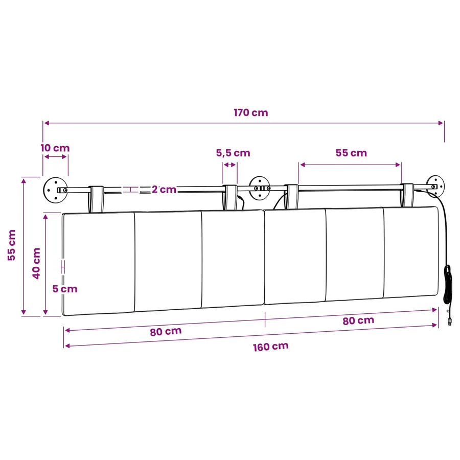 Tête de lit suspendue Avec lumière LED Blanc Tissu - 13