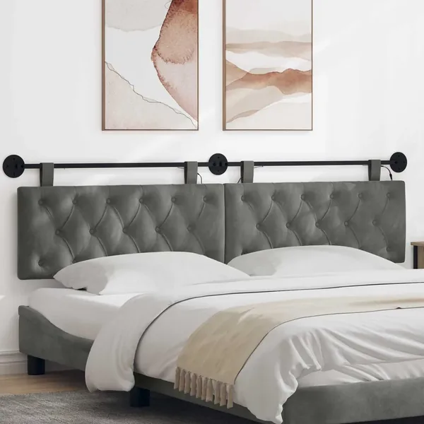 Tête de lit suspendue Avec lumière LED Gris foncé Velours