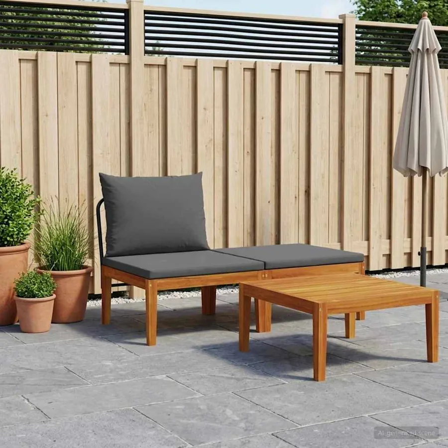3 pcs Ensemble de salon de jardin avec coussins Naturel