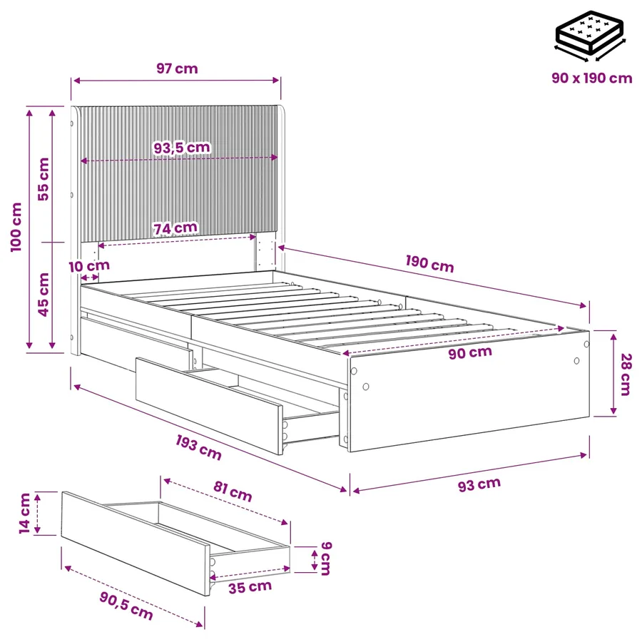 Cadre de lit avec rangement et tête de lit 2 pc - 11