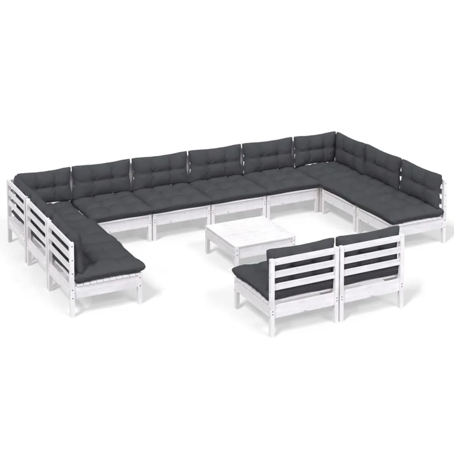 Salon de jardin 13 pcs avec coussins blanc bois de pin solide - 2