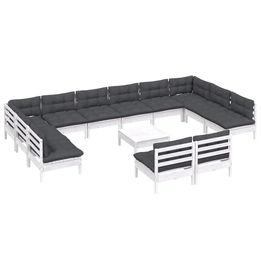 Salon de jardin 13 pcs avec coussins blanc bois de pin solide - 3