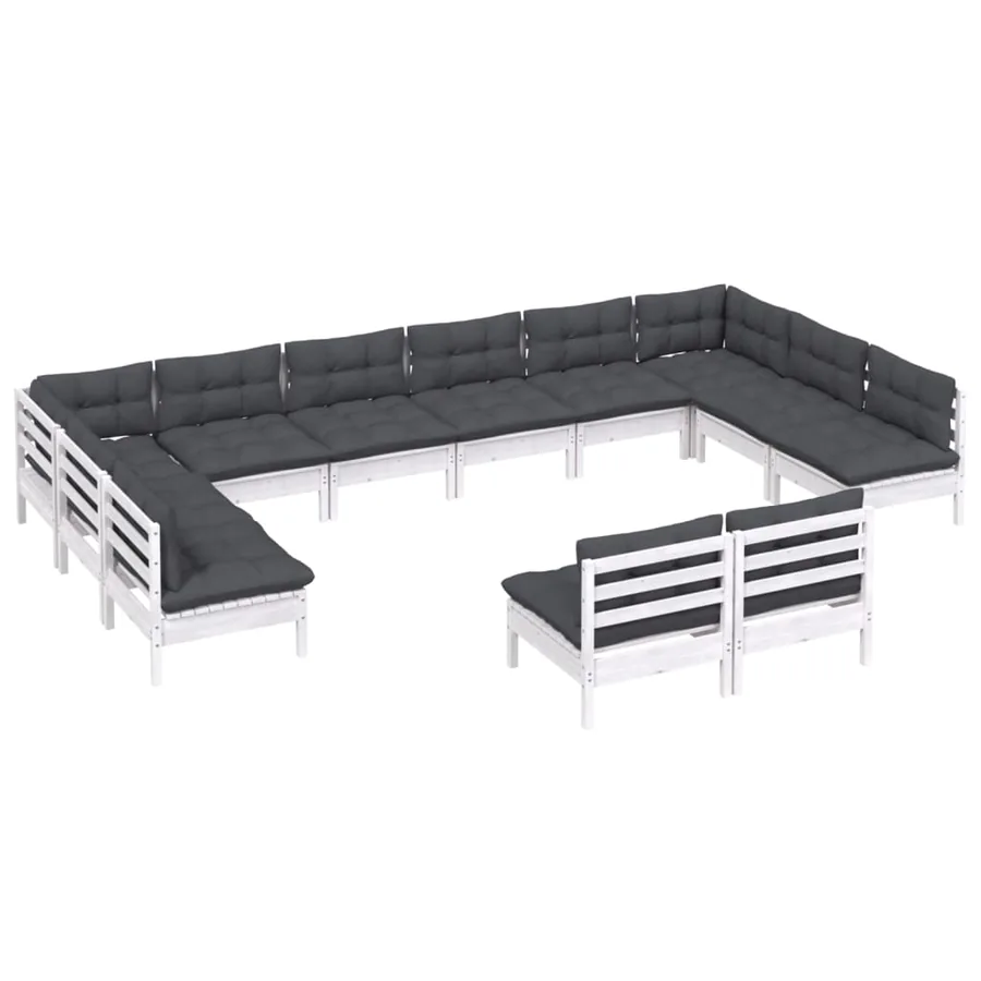 Salon de jardin 12 pcs avec coussins blanc bois de pin solide - 3