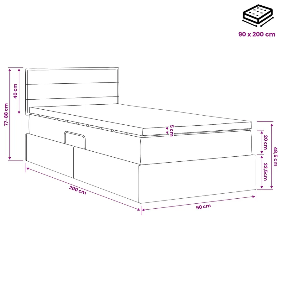 Lit de rangement LED avec matelas Noir 90 x 200 cm Tissu - 12