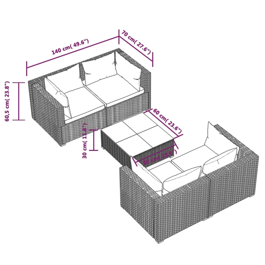 Salon de jardin 5 pcs avec coussins résine tressée marron - 7