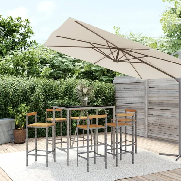 Ensemble de bar jardin 7 pcs gris poly rotin/bois massif acacia