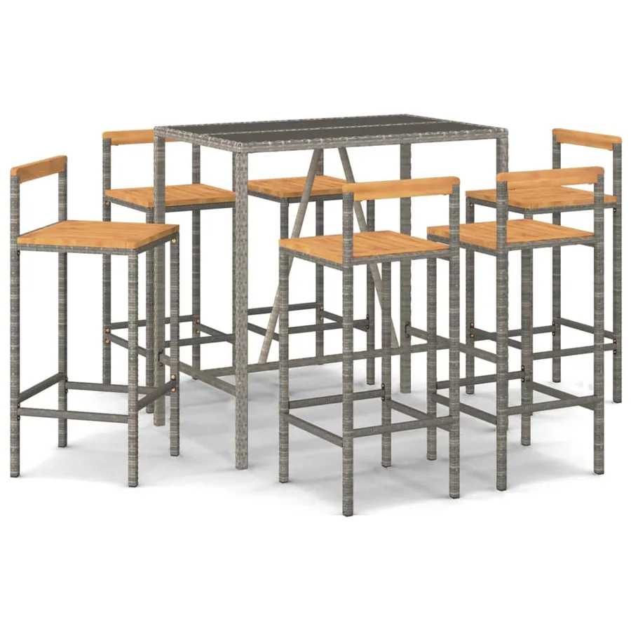 Ensemble de bar jardin 7 pcs gris poly rotin/bois massif acacia - 2
