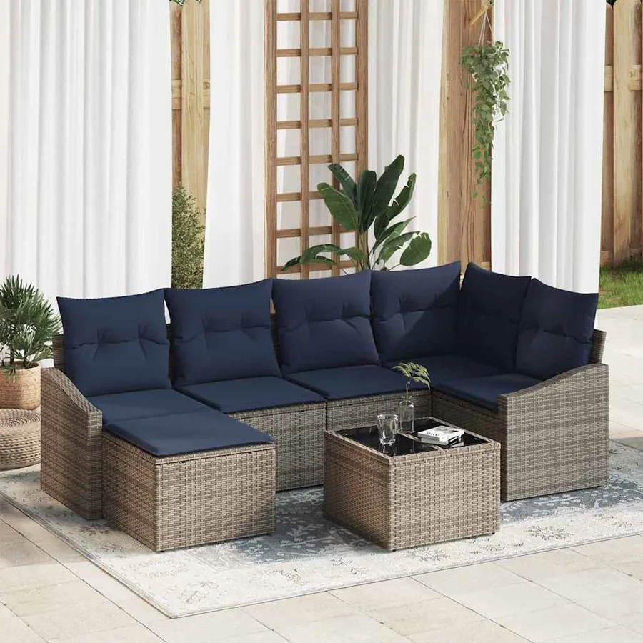 Ensemble de Canapés avec coussin 7 pcs Gris et marine polyrotin