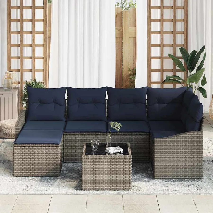 Ensemble de Canapés avec coussin 7 pcs Gris et marine polyrotin - 3