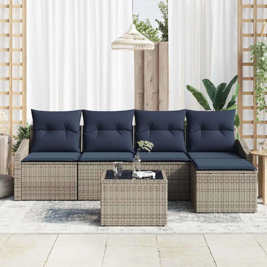 Ensemble de Canapés avec coussin 6 pcs Gris et marine polyrotin - 3