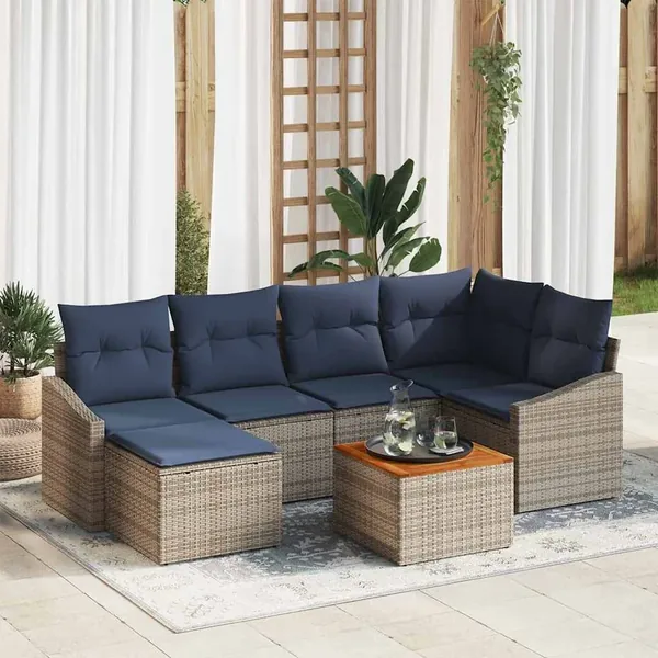 Ensemble de canapé de jardin 7 pcs Gris et bleu marine