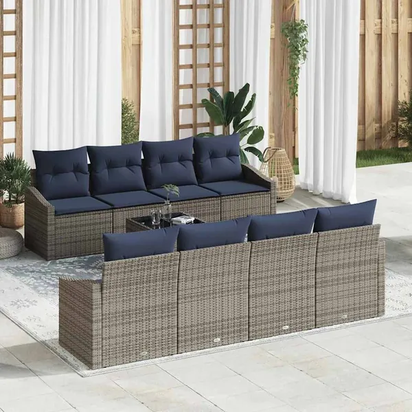 Ensemble de Canapés avec coussin 9 pcs Gris et marine polyrotin