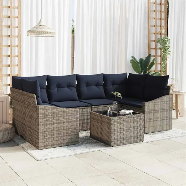 Ensemble de Canapés avec coussin 7 pcs Gris et marine polyrotin