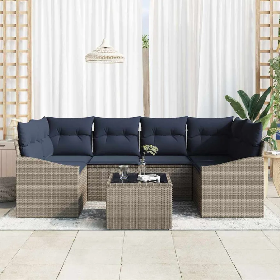 Ensemble de Canapés avec coussin 7 pcs Gris et marine polyrotin - 3
