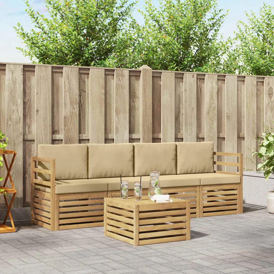 Ensemble de canapés d'extérieur 5 pcs Blanc et Beige Polyester