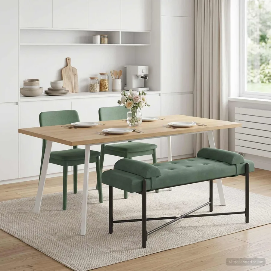 Banc capitonné à boutons avec coussins Vert Mer Velours - 3