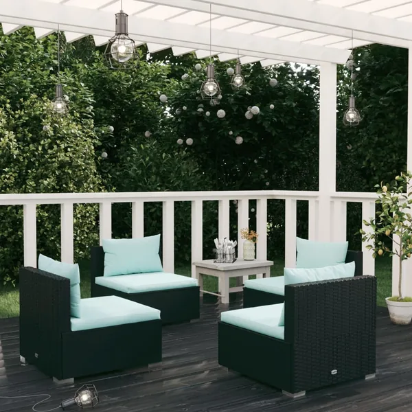 Salon de jardin 4 pcs avec coussins Résine tressée Noir