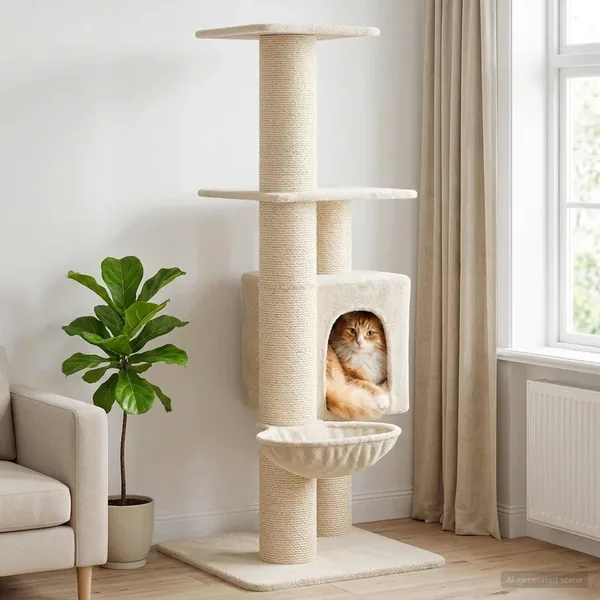 Arbre à chat avec poteaux à griffer en sisal Crème 137 cm