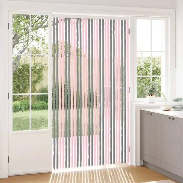 Rideau anti-insectes en chenille Gris Argent et Rose