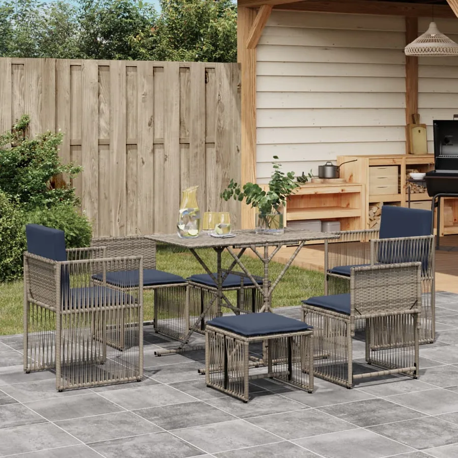 Ensemble à manger de jardin 7 pcs coussins gris résine tressée