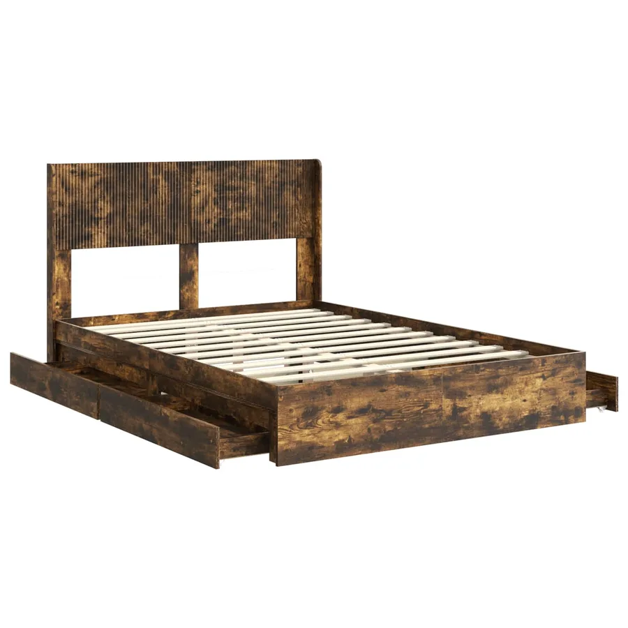 Cadre de lit avec rangement et tête de lit Chêne fumé - 5