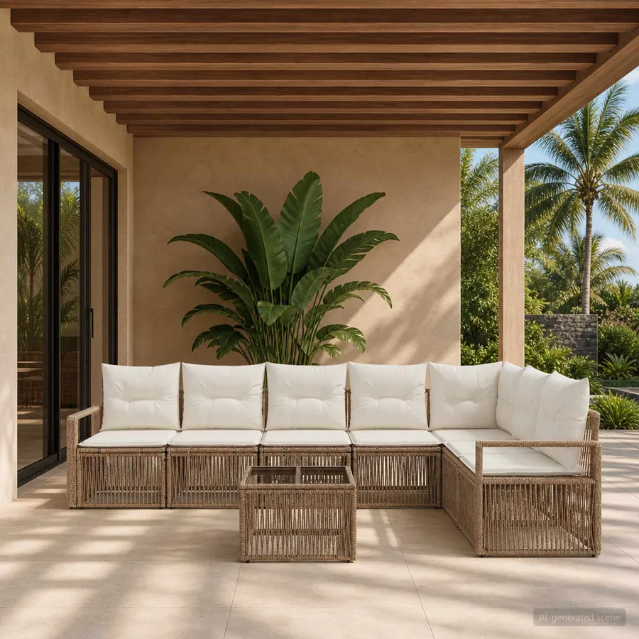 Ensemble de canapé de jardin 8 pcs Beige polyrotin
