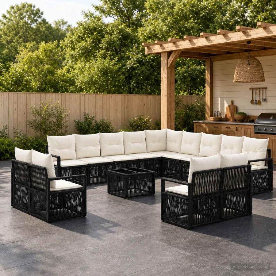 Ensemble de canapé de jardin 14 pcs Noir polyrotin