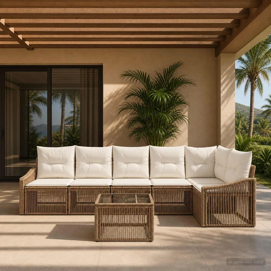 Ensemble de canapé de jardin 7 pcs Beige polyrotin