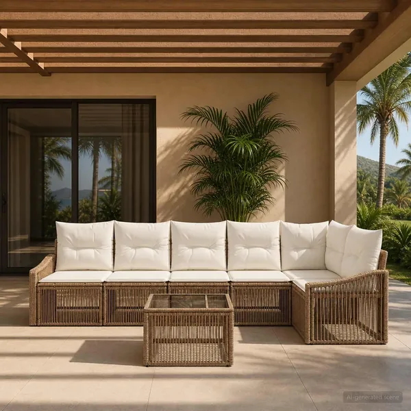 Ensemble de canapé de jardin 7 pcs Beige polyrotin
