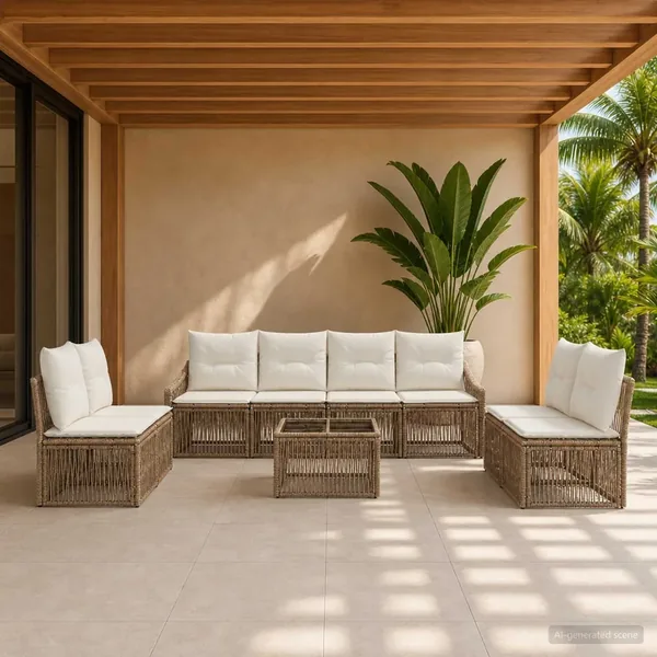 Ensemble de canapé de jardin 9 pcs Beige polyrotin