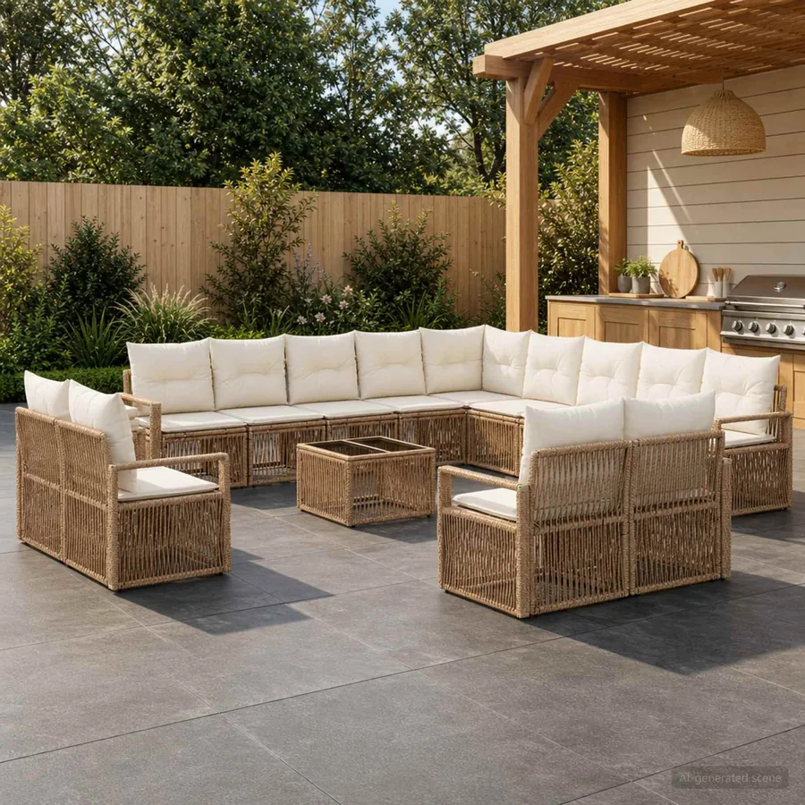 Ensemble de canapé de jardin 14 pcs Beige polyrotin