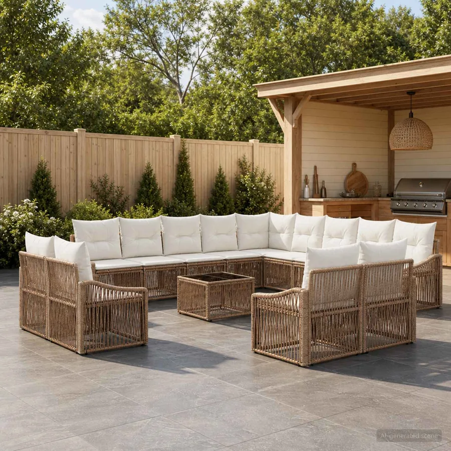 Ensemble de canapé de jardin 14 pcs Beige polyrotin