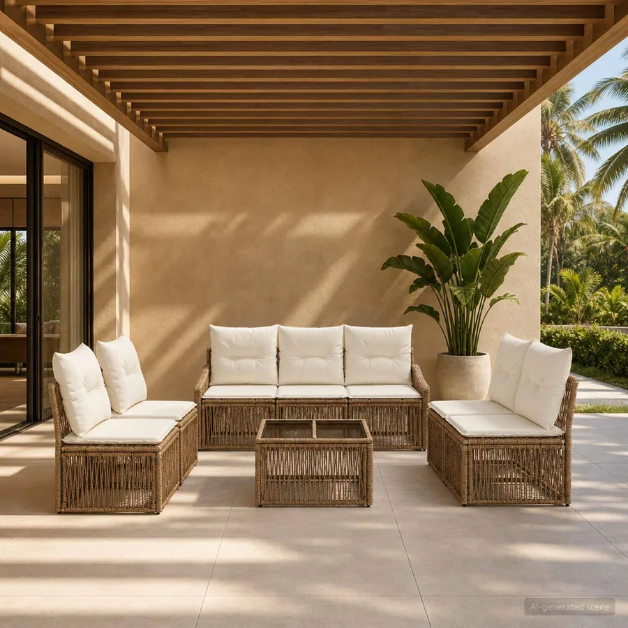 Ensemble de canapé de jardin 8 pcs Beige polyrotin